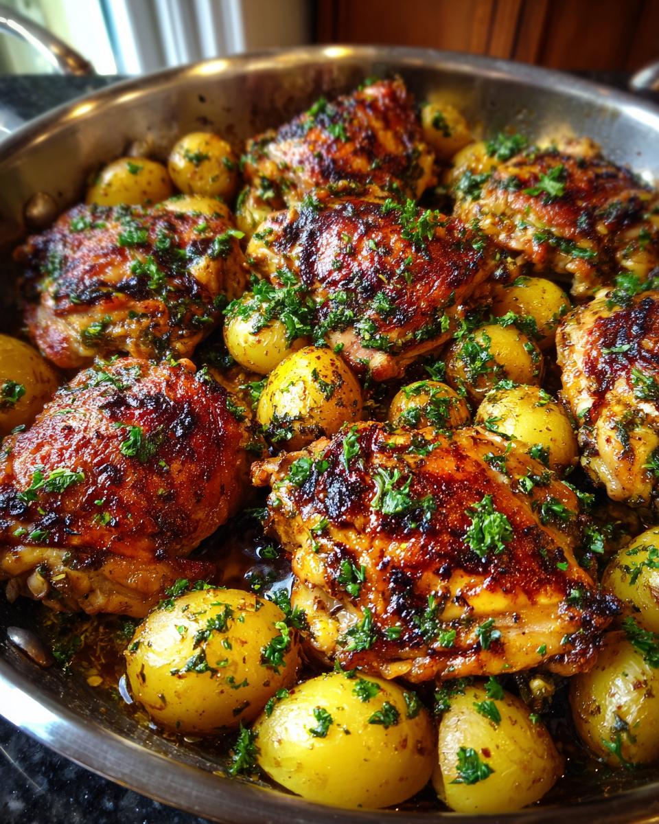 Close-up of golden-brown Garlic Parmesan Chicken Thighs and Potatoes, garnished with fresh parsley, in a skillet.