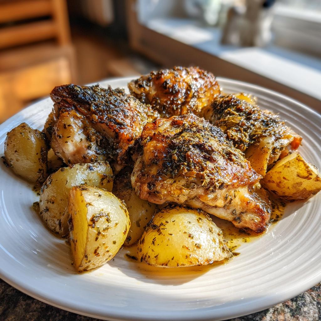 A white plate filled with golden brown Garlic Parmesan Chicken Thighs and roasted potatoes, seasoned with herbs.