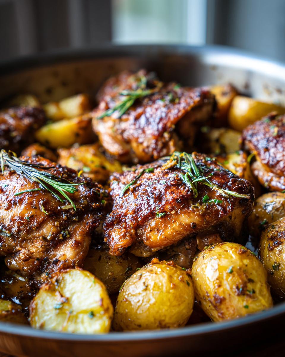 Close-up of juicy Garlic Parmesan Chicken Thighs and Potatoes roasted together in a pan, garnished with rosemary.