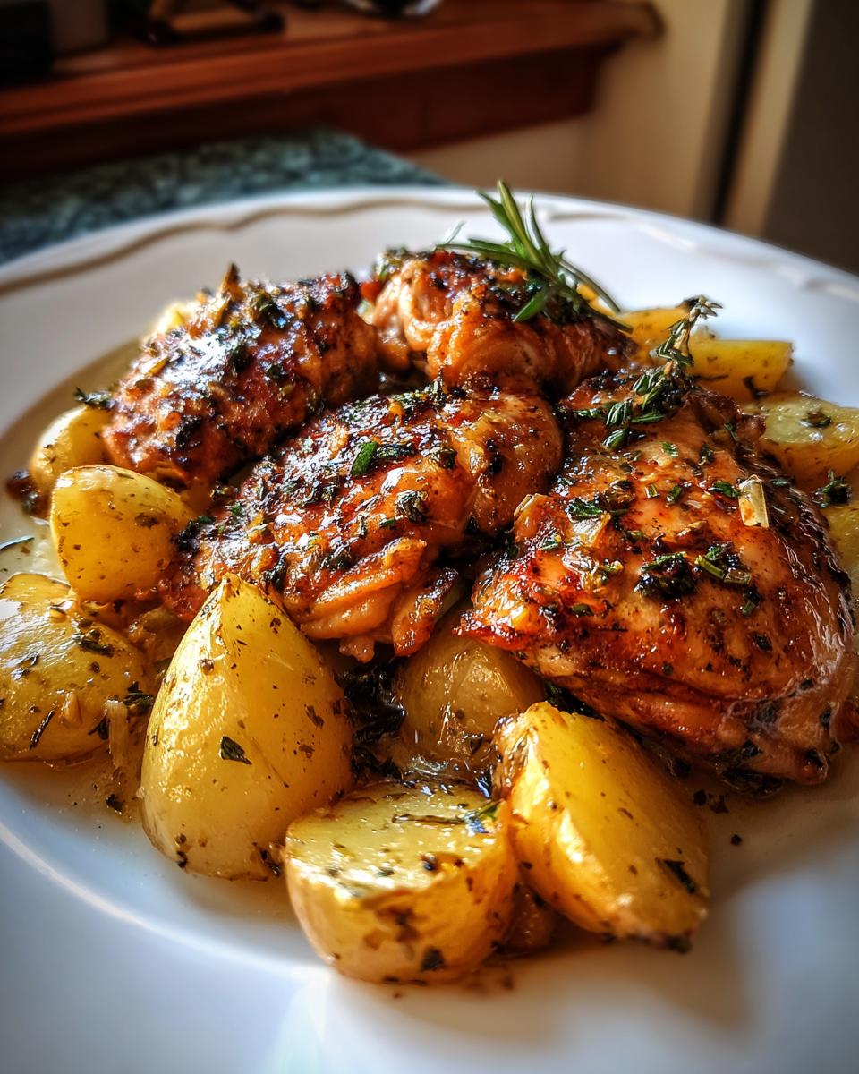 Close-up of juicy Garlic Parmesan Chicken Thighs and Potatoes, garnished with herbs.