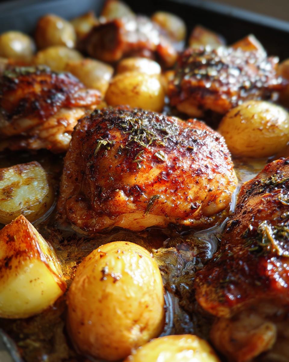 Close-up of juicy Garlic Parmesan Chicken Thighs and Potatoes baked to a golden brown in a pan.