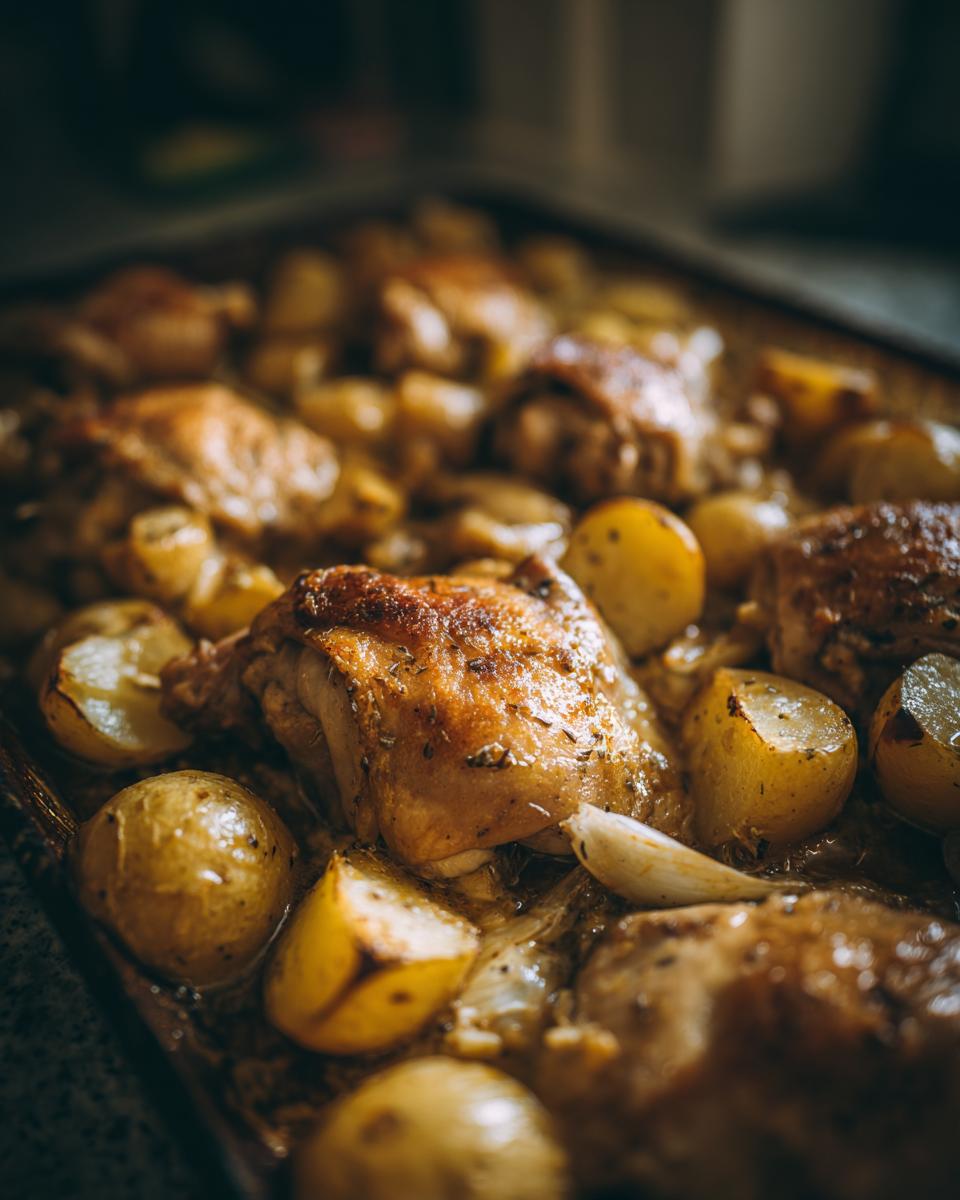 Close-up of golden-brown Garlic Parmesan Chicken Thighs and Potatoes roasted on a baking sheet.
