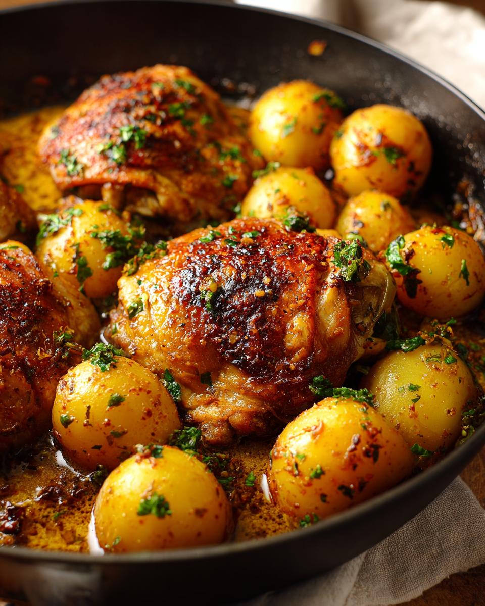 Close-up of juicy Garlic Parmesan Chicken Thighs and Potatoes cooked in a cast-iron skillet, garnished with parsley.