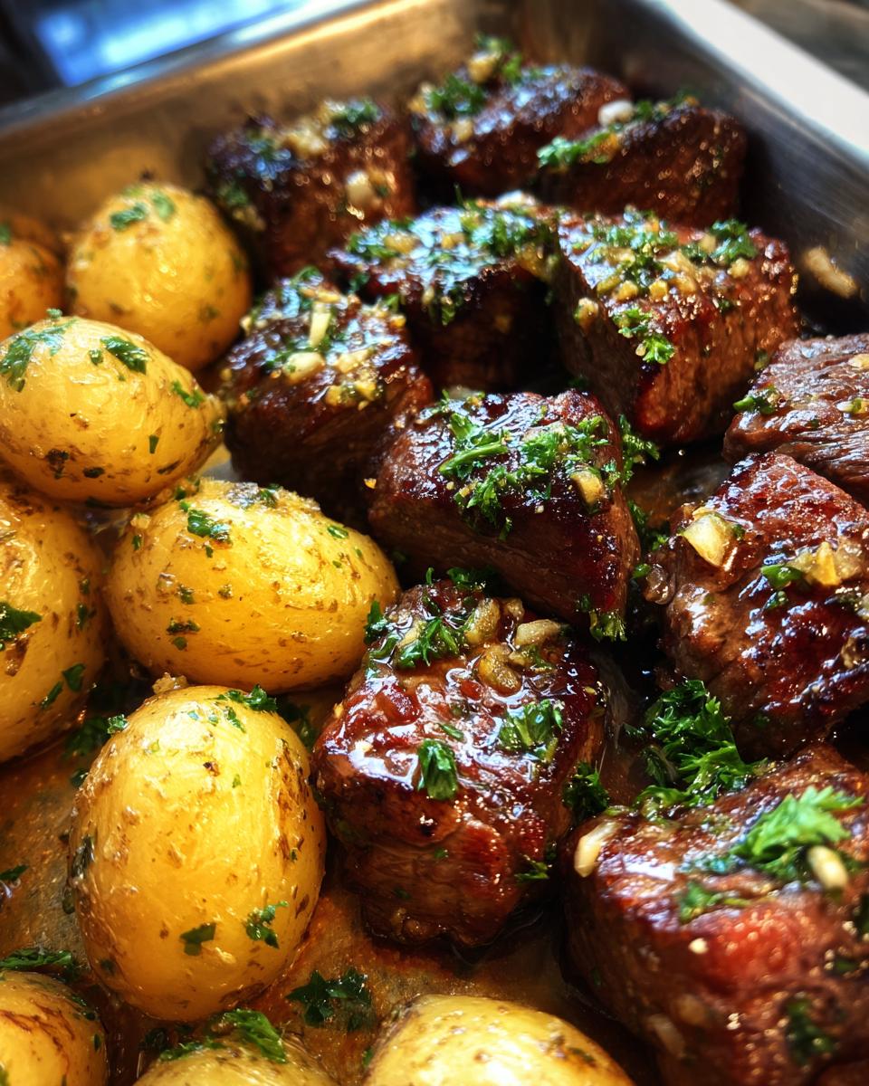Close-up of juicy garlic steak bites and golden baby potatoes in a pan, garnished with fresh parsley.