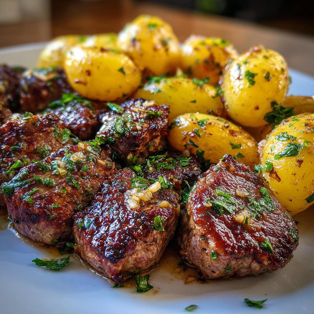 Close-up of juicy garlic steak bites and golden roasted potatoes, garnished with fresh parsley.