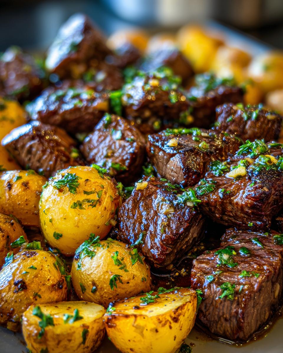 Close-up of juicy garlic steak bites and roasted potatoes, seasoned with fresh parsley.