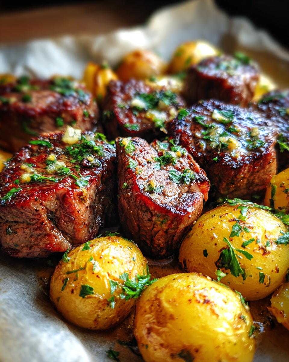 Close-up of juicy garlic steak bites and golden roasted potatoes, garnished with fresh parsley.