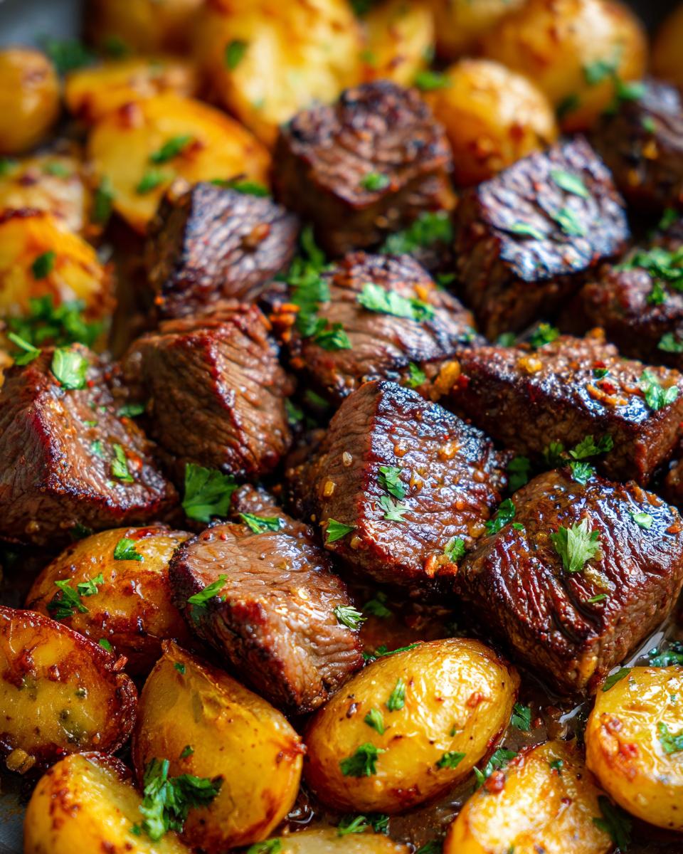 Close-up of juicy garlic steak bites and golden roasted potatoes, garnished with fresh parsley.
