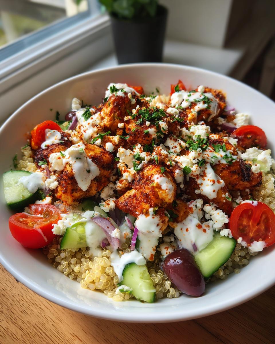 A vibrant bowl of Greek Chicken Bowls with quinoa, seasoned chicken, feta cheese, cucumbers, tomatoes, and olives.