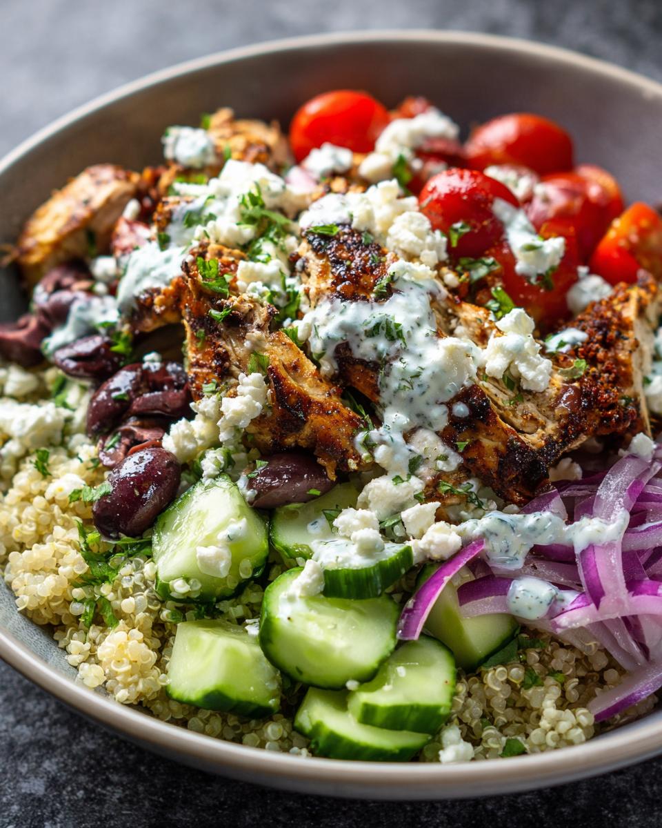 A vibrant bowl filled with Greek chicken, quinoa, cucumbers, tomatoes, olives, feta cheese, and tzatziki sauce.