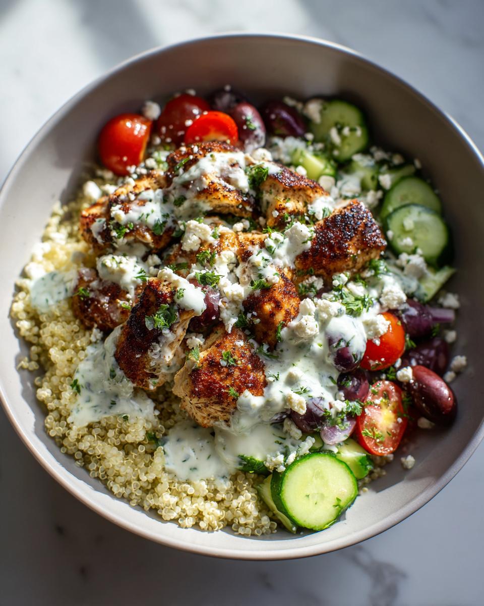 A close-up of a Greek Chicken Bowl with quinoa, grilled chicken, tomatoes, cucumbers, olives, feta, and tzatziki sauce.