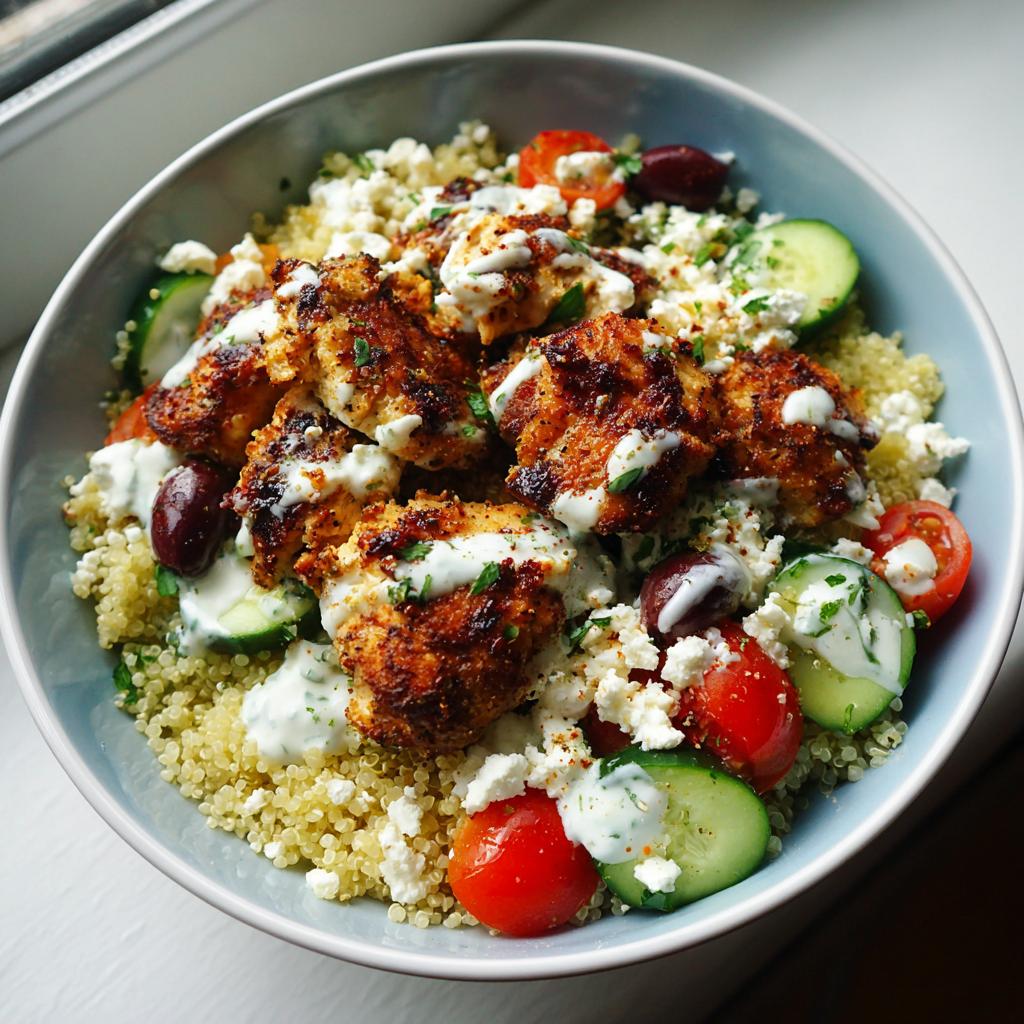 A vibrant bowl of Greek Chicken Bowls with quinoa, chicken, cucumber, tomatoes, olives, and feta cheese.