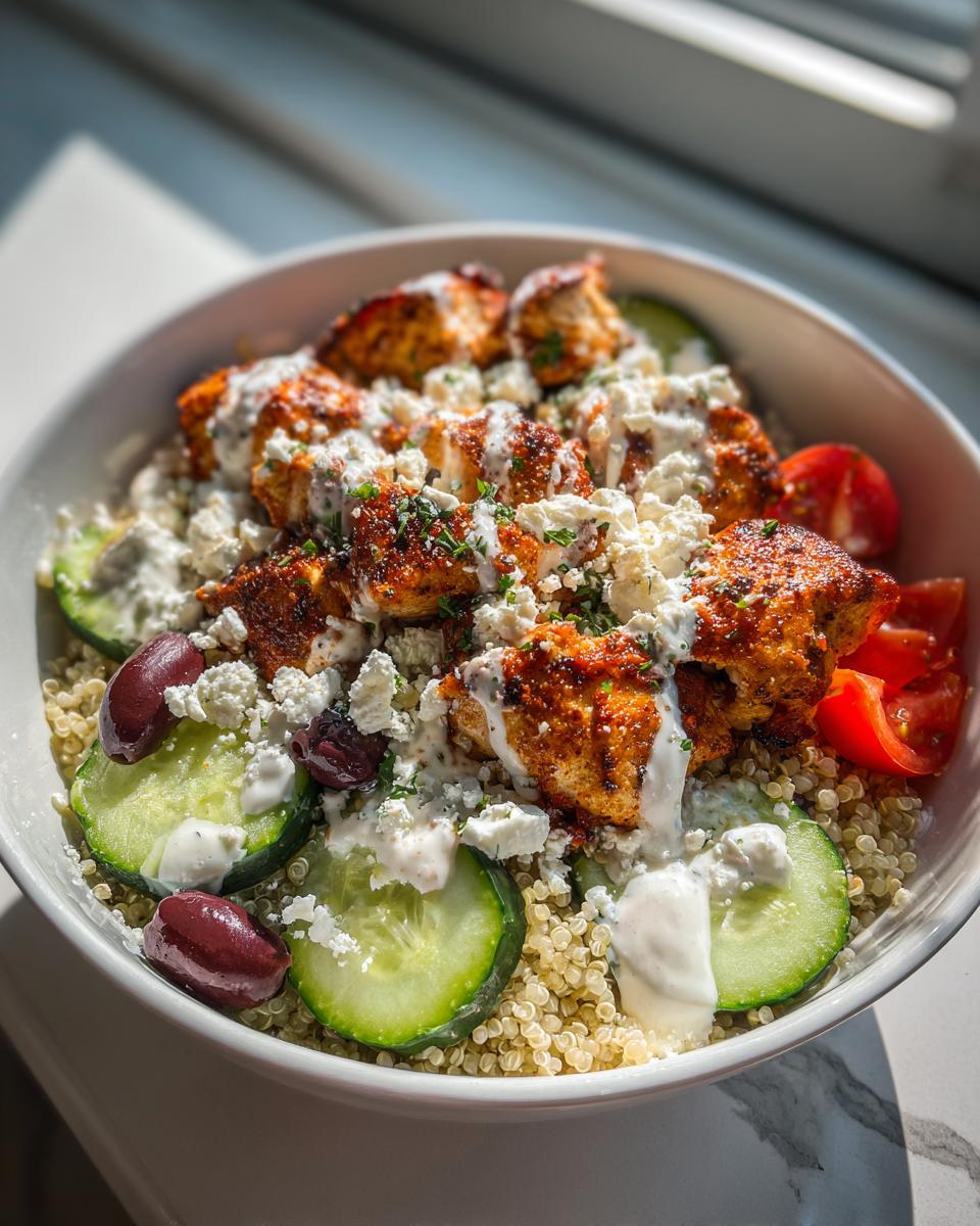 A close-up of a Greek Chicken Bowl with seasoned chicken, quinoa, cucumber slices, tomatoes, olives, and feta cheese.