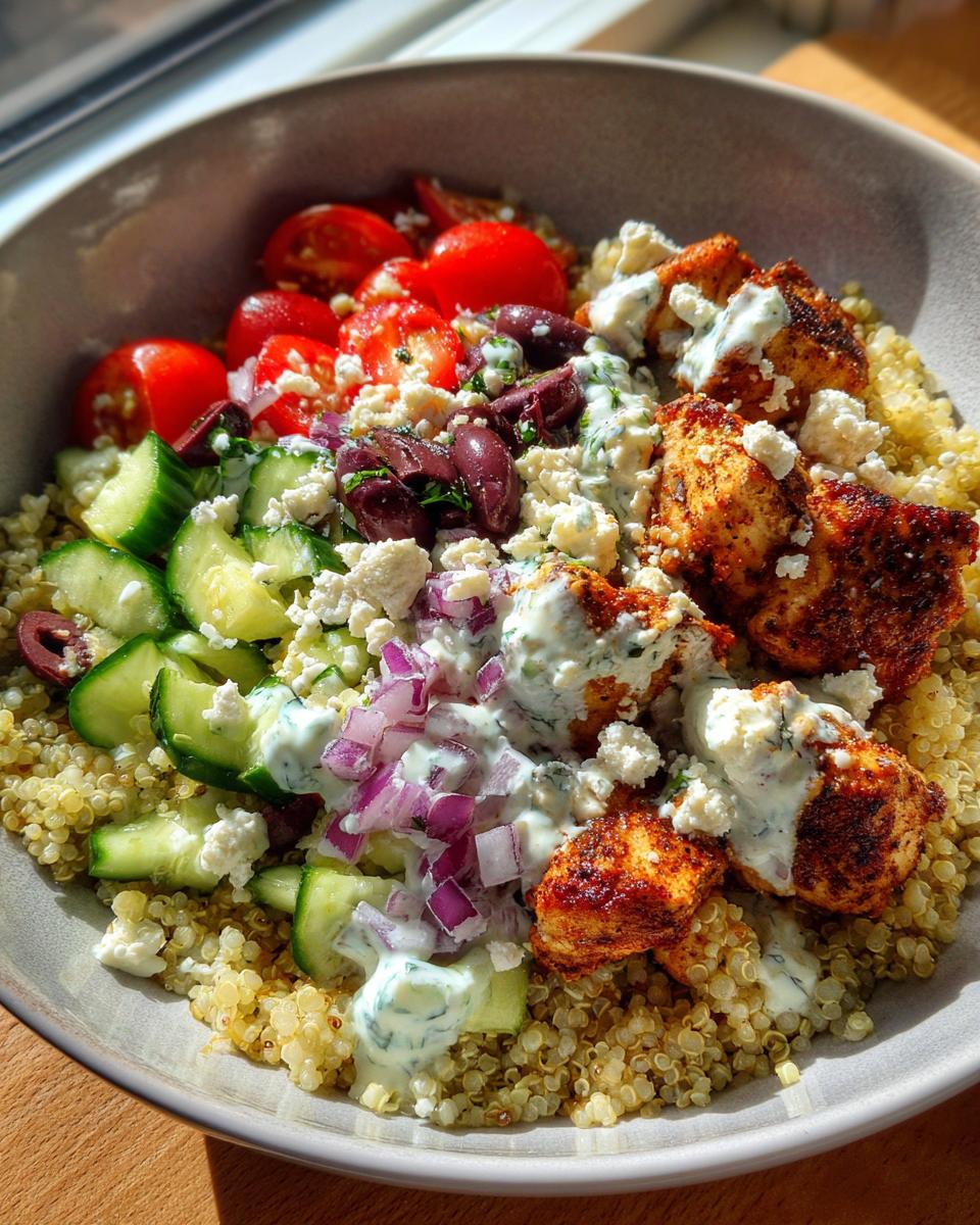 A vibrant bowl of Greek Chicken Bowls featuring seasoned chicken, quinoa, cucumbers, tomatoes, olives, red onion, and feta cheese with a creamy sauce.