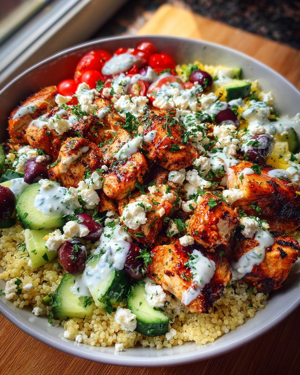 Close-up of a Greek Chicken Bowl featuring grilled chicken, quinoa, cucumbers, tomatoes, olives, feta cheese, and a creamy dressing.