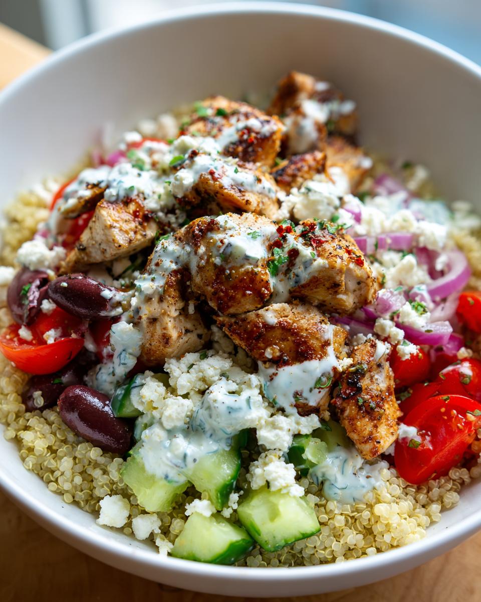 A vibrant bowl of Greek Chicken Bowls featuring seasoned chicken, quinoa, tomatoes, cucumbers, olives, red onion, and feta cheese.