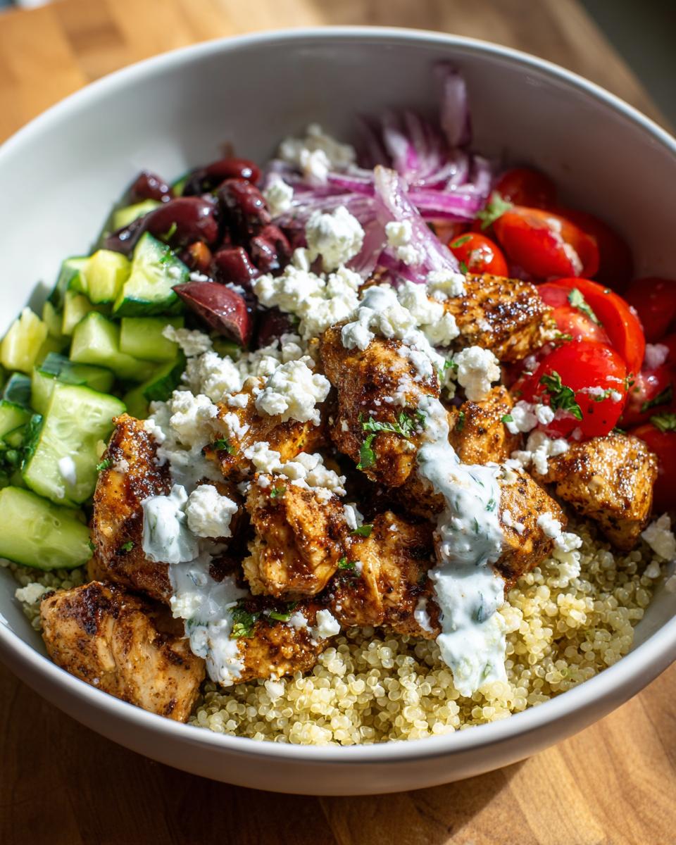 A close-up of a vibrant Greek Chicken Bowl filled with seasoned chicken, quinoa, cucumbers, tomatoes, olives, red onion, feta, and tzatziki sauce.