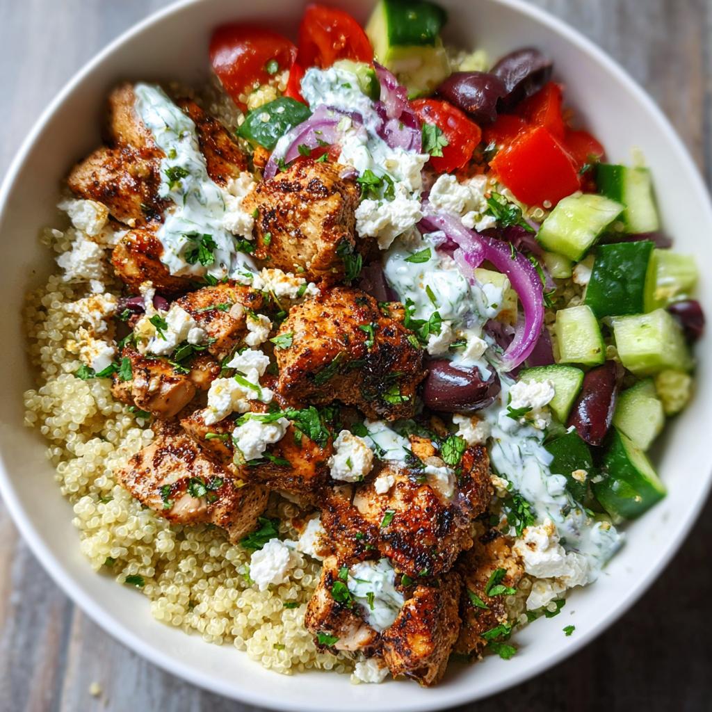 A vibrant bowl of Greek Chicken Bowls featuring seasoned chicken, quinoa, cucumber, tomatoes, olives, red onion, feta, and tzatziki sauce.