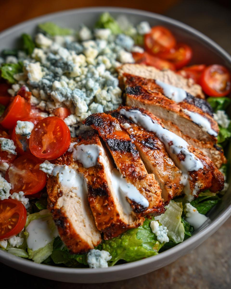 Close-up of a grilled chicken cobb bowl with sliced grilled chicken, tomatoes, blue cheese, and lettuce, drizzled with dressing.
