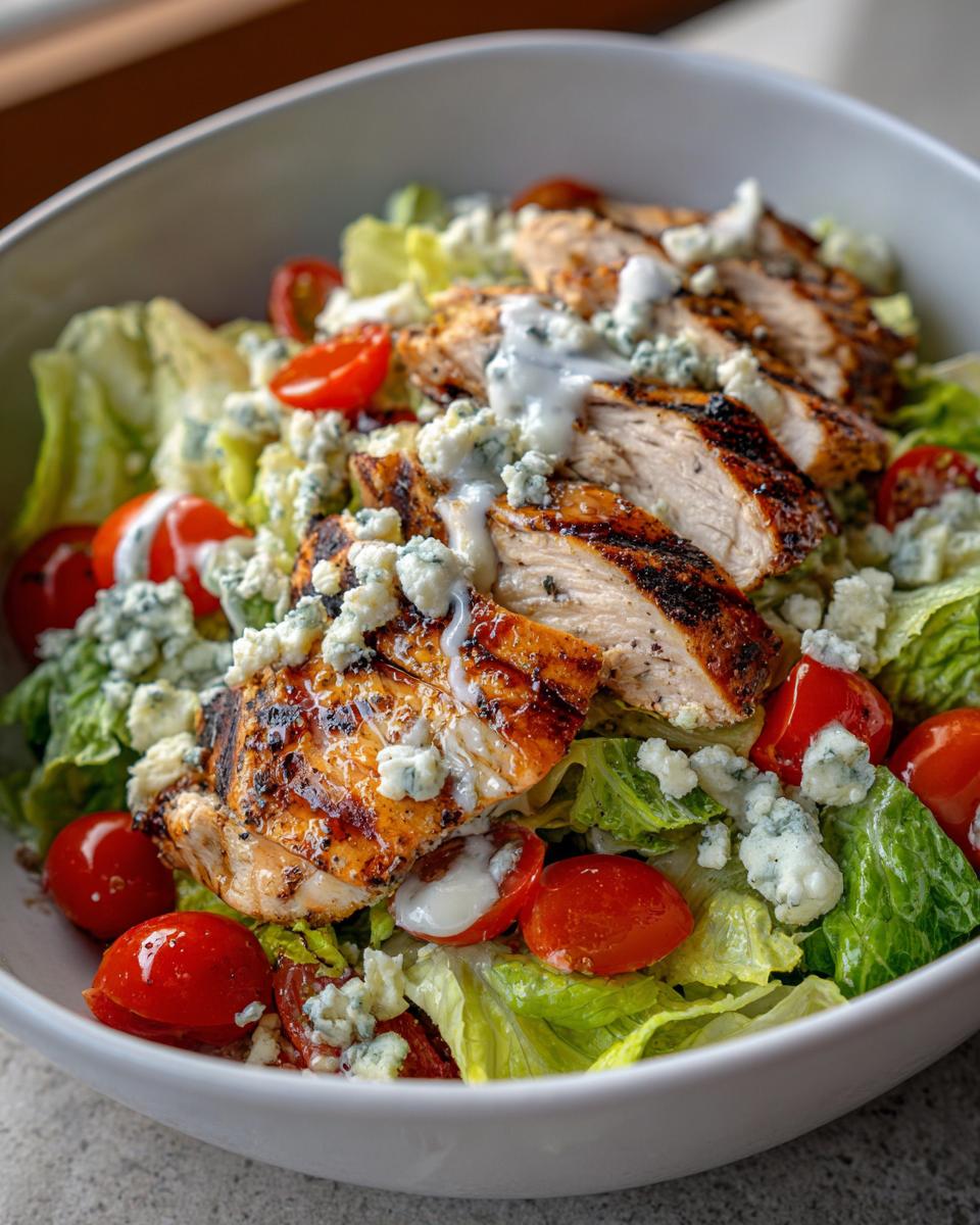 Close-up of a grilled chicken cobb salad bowl with lettuce, cherry tomatoes, blue cheese, and dressing.