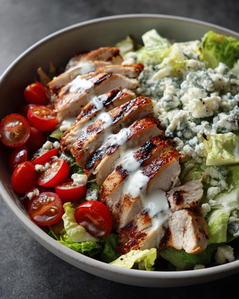 Close-up of a grilled chicken Cobb salad bowl with cherry tomatoes, blue cheese, and dressing.