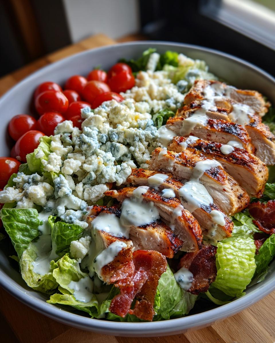 A delicious Summer Salad Recipe for Grilled Chicken Cobb Bowl with grilled chicken, bacon, blue cheese, and tomatoes.