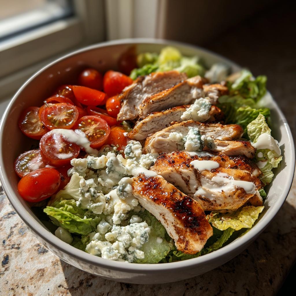 A close-up of a grilled chicken cobb salad bowl with cherry tomatoes, blue cheese, and lettuce.