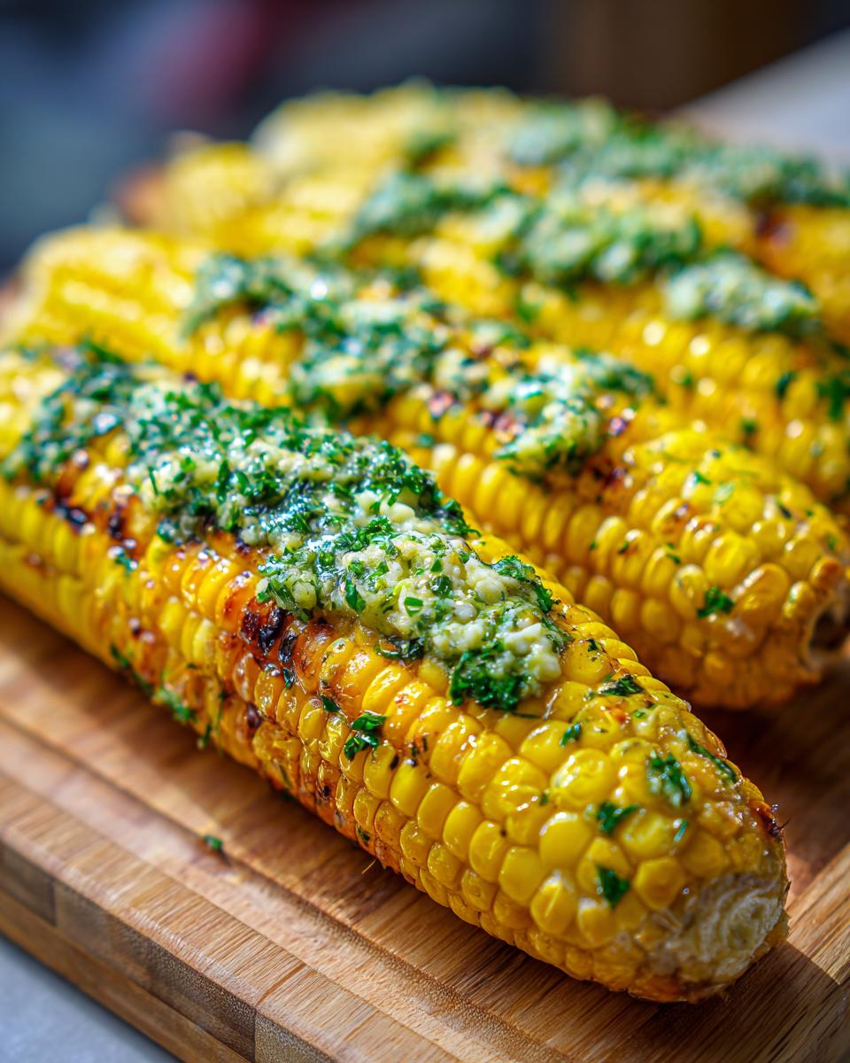 Close-up of grilled corn on the cob topped with herb butter, part of grilling recipes that make corn on the cob taste better.