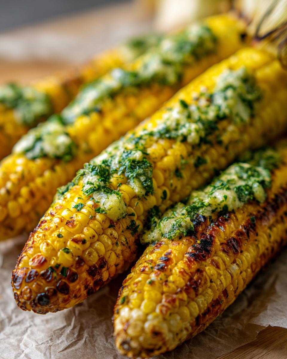 Close-up of grilled corn on the cob with melted herb butter and char marks, showcasing grilling recipes that make corn on the cob taste better.