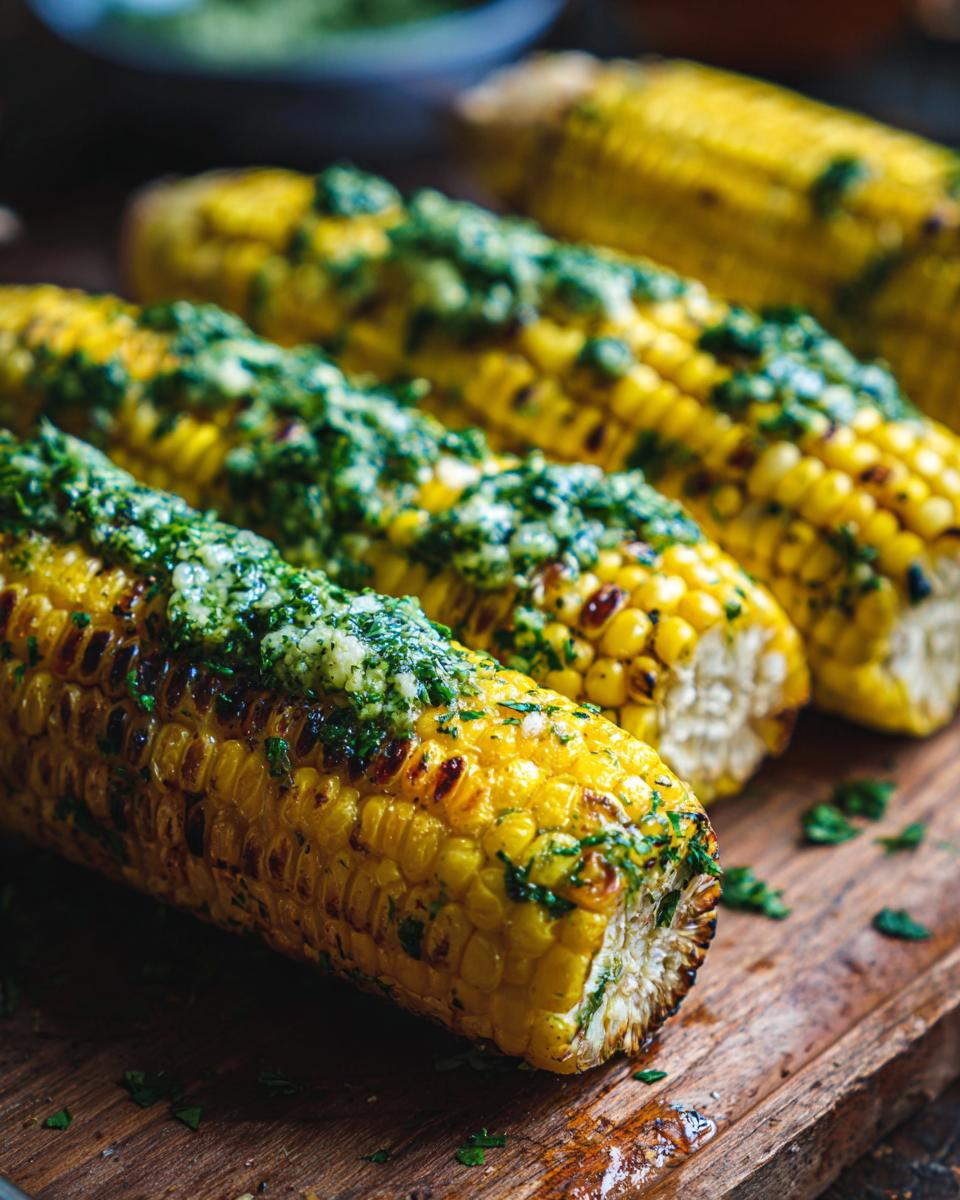 Close-up of grilled corn on the cob, slathered with herb butter, on a wooden board.