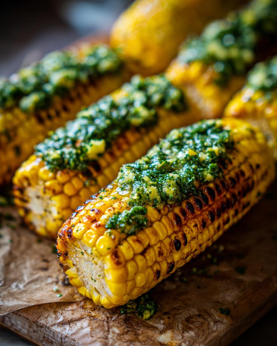 Close-up of grilled corn on the cob topped with herb butter, showcasing its char marks and vibrant kernels.