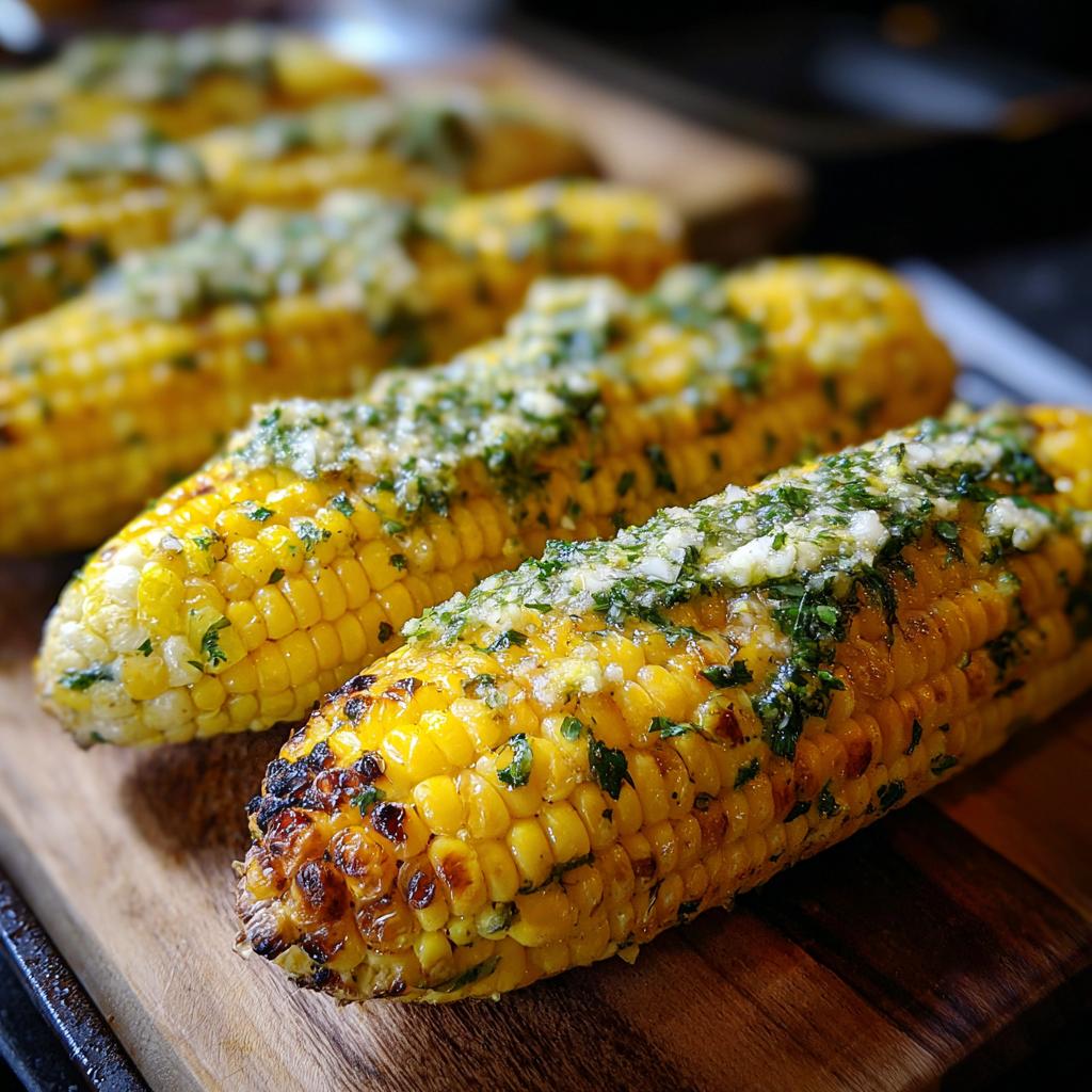 Close-up of grilled corn on the cob, brushed with butter, herbs, and garlic, a perfect side for grilling recipes.