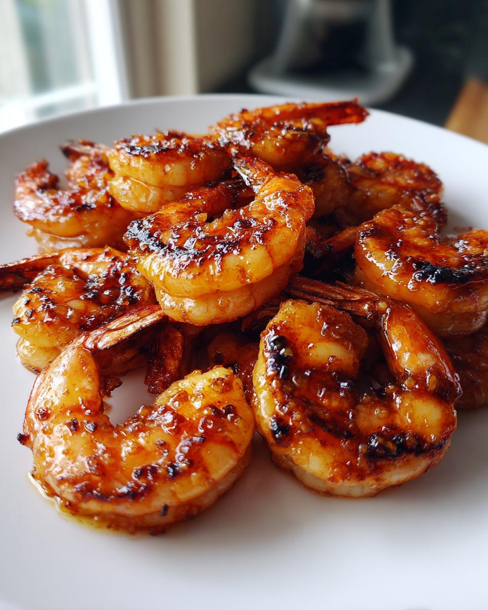 Close-up of grilled honey lime shrimp on a white plate, showing char marks and a glossy glaze.