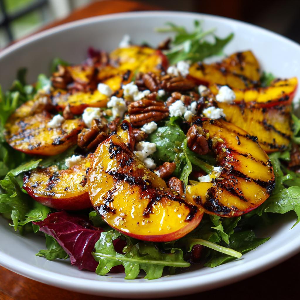 Close-up of a vibrant grilled peach salad with arugula, feta cheese, pecans, and a honey dressing.