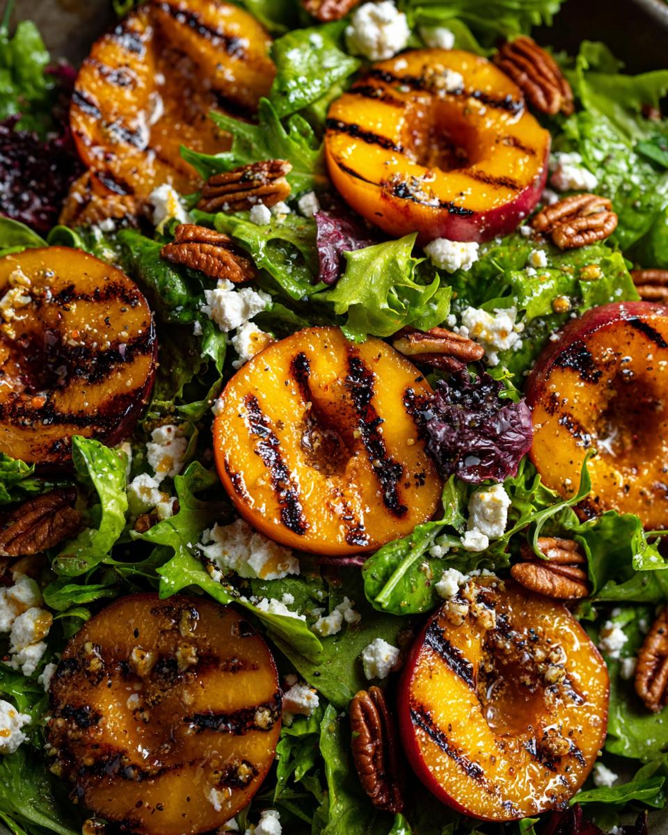 Close-up of a vibrant grilled peach salad with feta cheese, pecans, and a honey dressing.