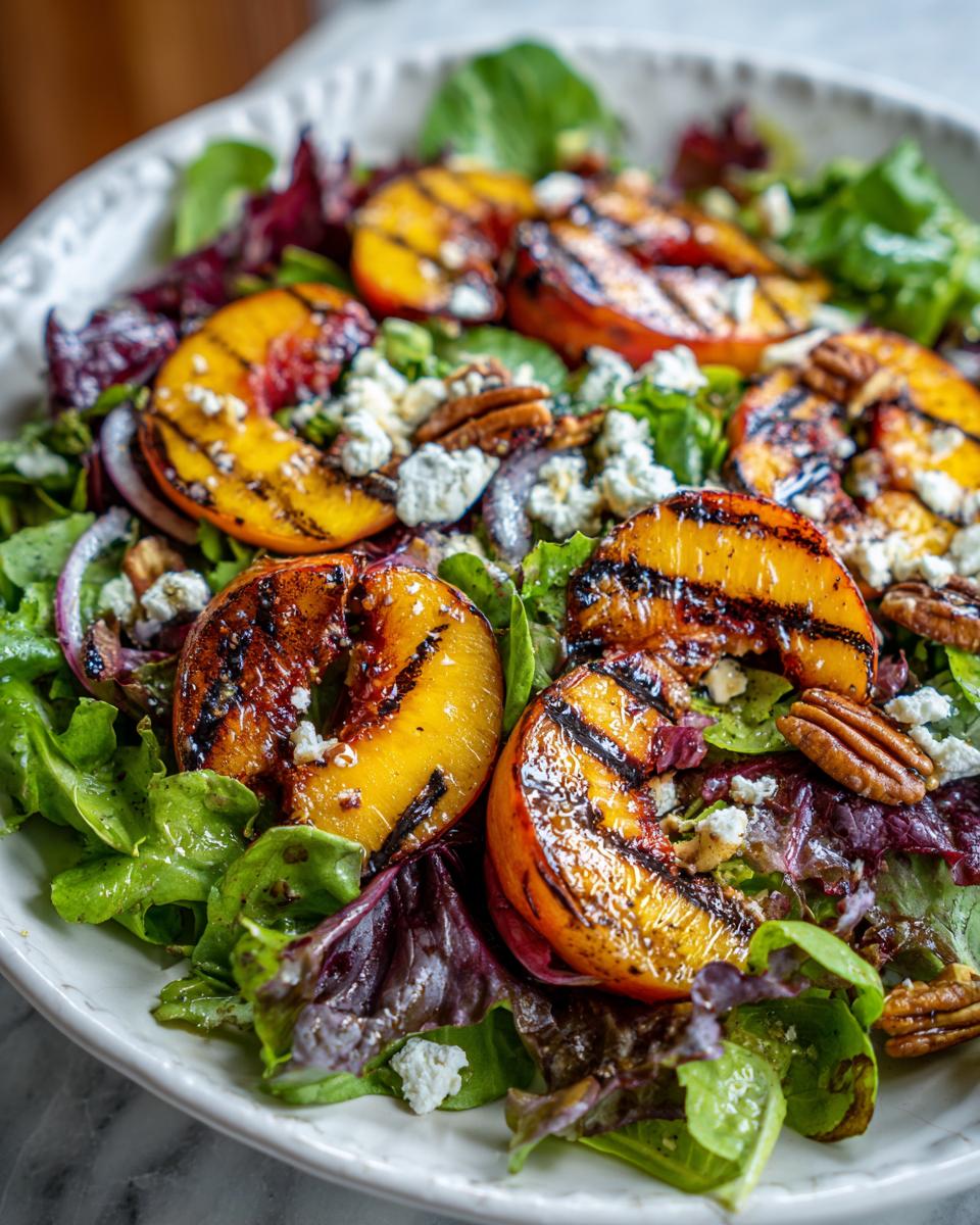 Close-up of a vibrant grilled peach salad with crumbled feta cheese, pecans, and red onion on mixed greens.