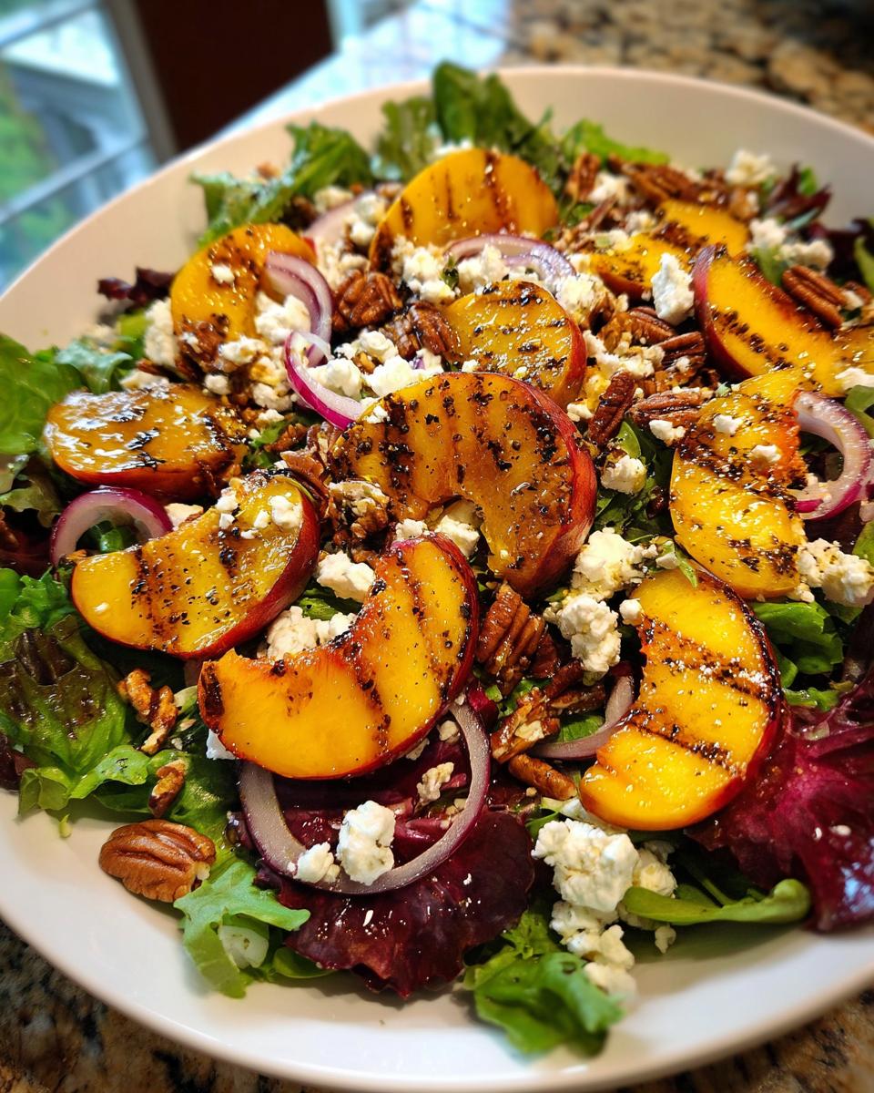 A vibrant grilled peach salad with feta cheese, red onion, pecans, and a honey dressing.