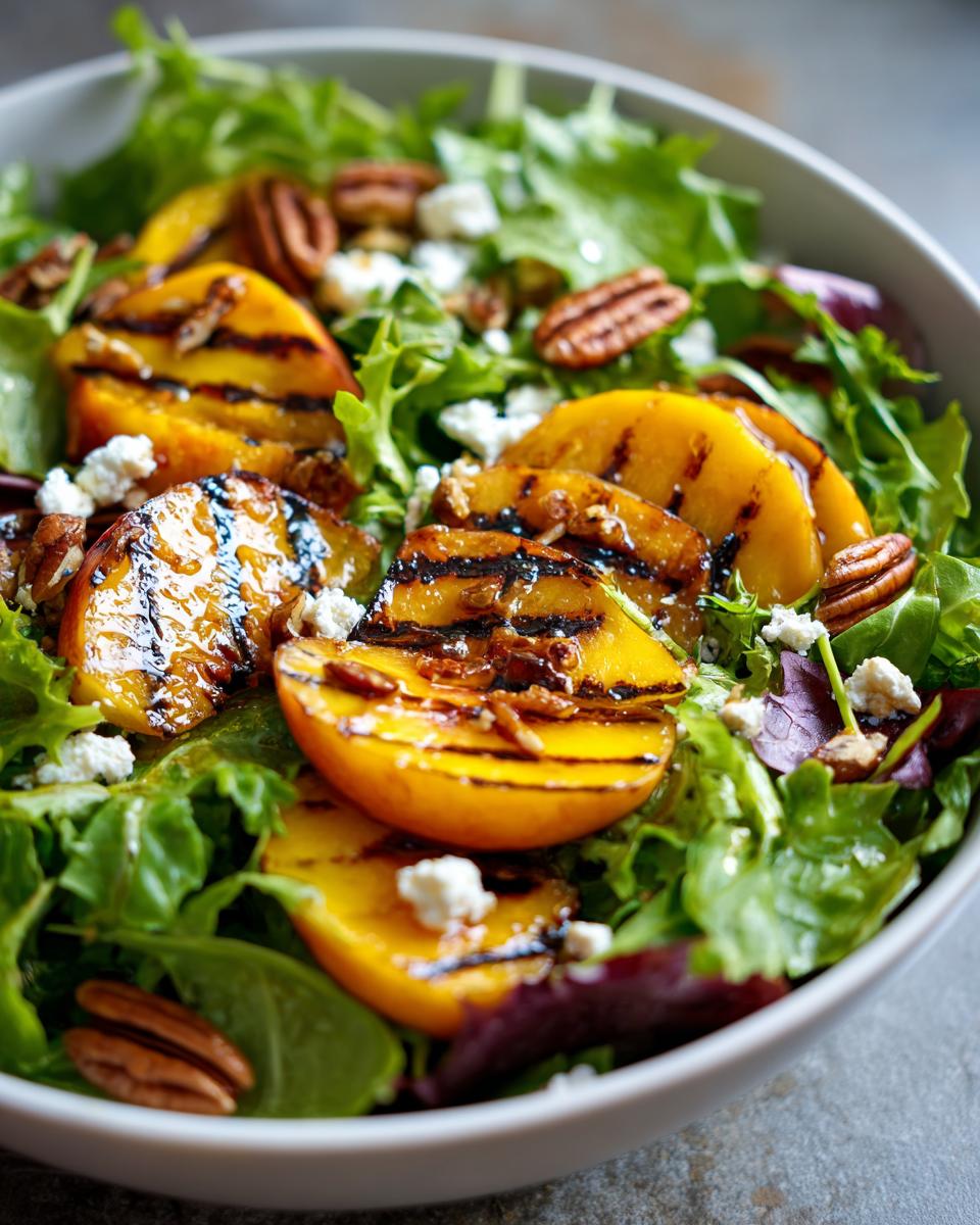 Close-up of a refreshing grilled peach salad with pecans, feta cheese, and a honey dressing.