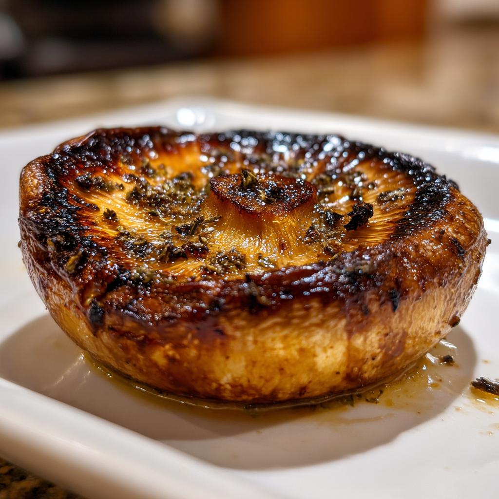 Close-up of a perfectly grilled portobello mushroom, seasoned with herbs, ready for an easy outdoor meal.