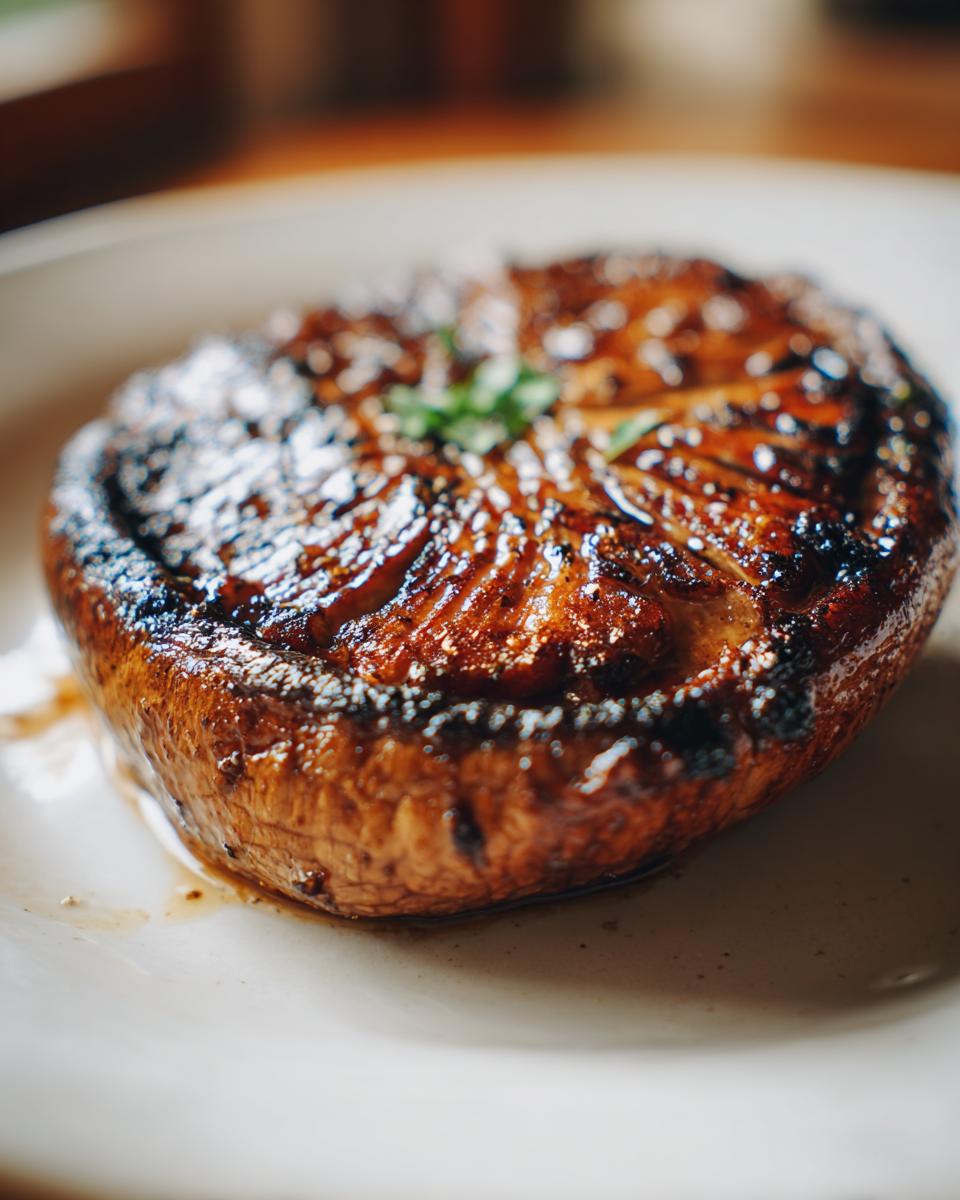 A close-up of a perfectly grilled portobello mushroom, glistening with marinade and topped with fresh herbs. Ideal for grilling recipes.
