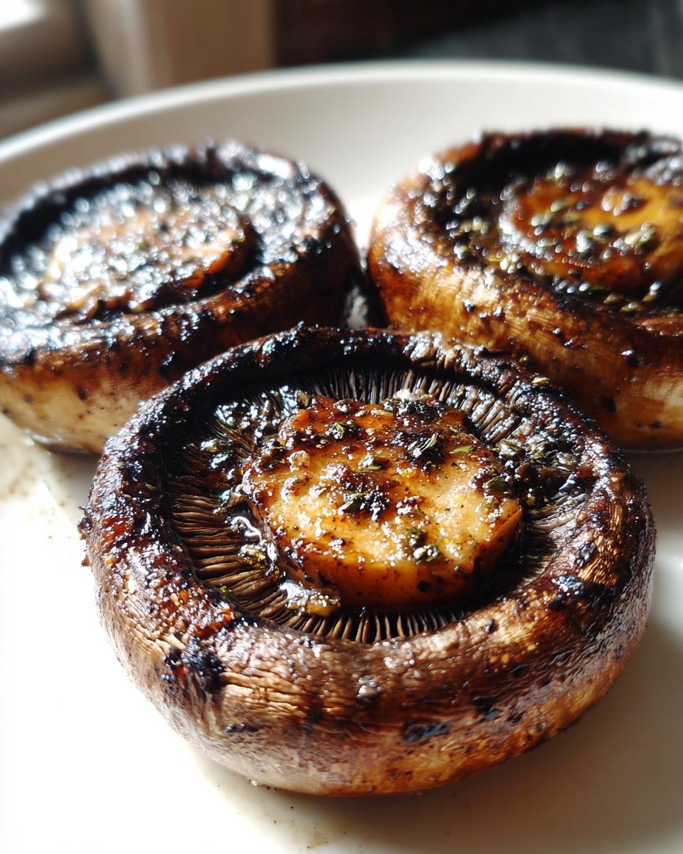 Three juicy grilled portobello mushrooms seasoned with herbs, ready for easy outdoor meals.