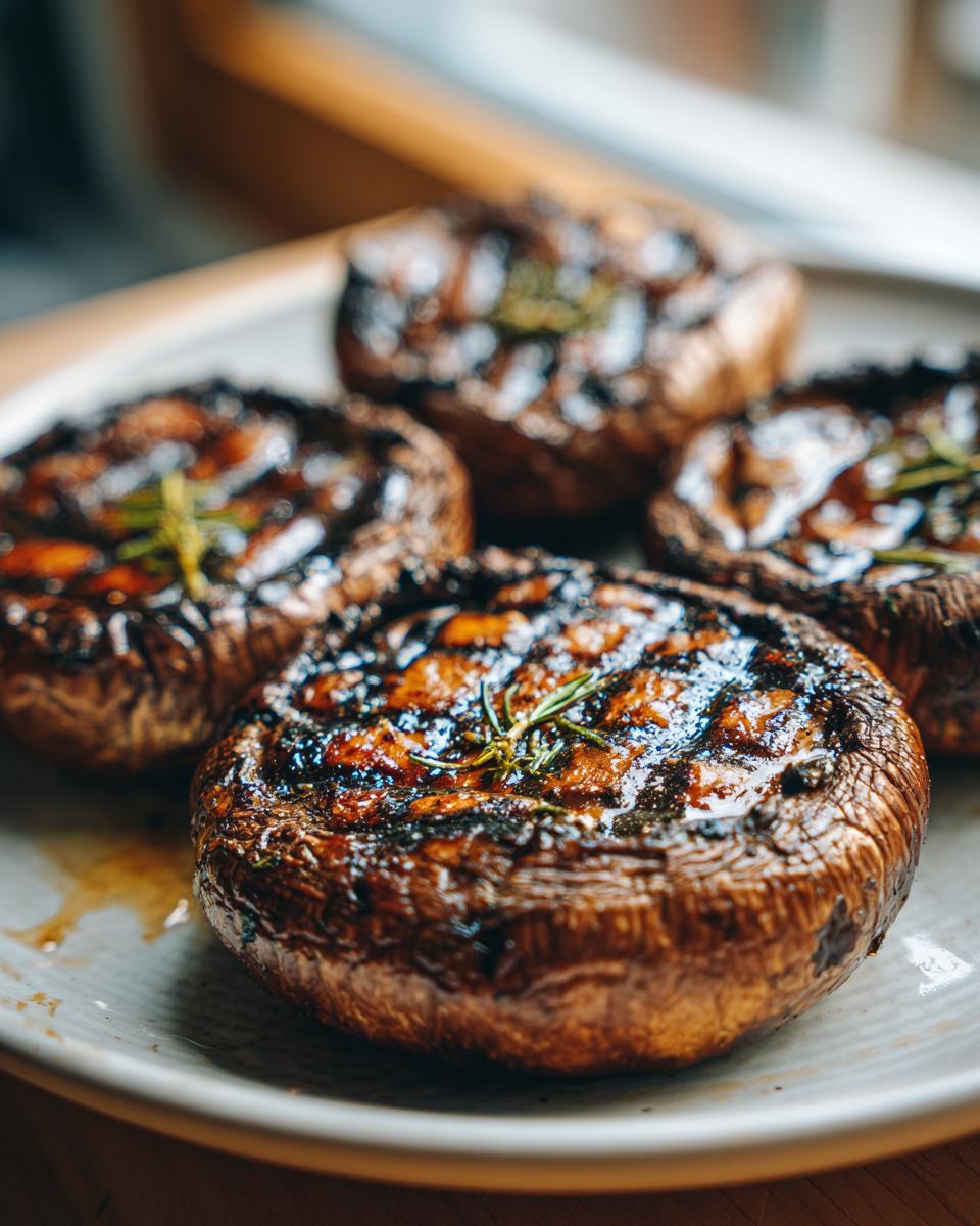 Close-up of four grilled portobello mushrooms with grill marks and rosemary sprigs on a plate.