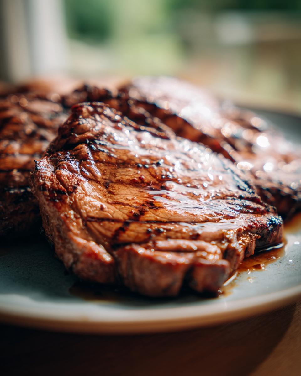 Close-up of juicy grilled steaks with grill marks, perfect for easy outdoor meals.