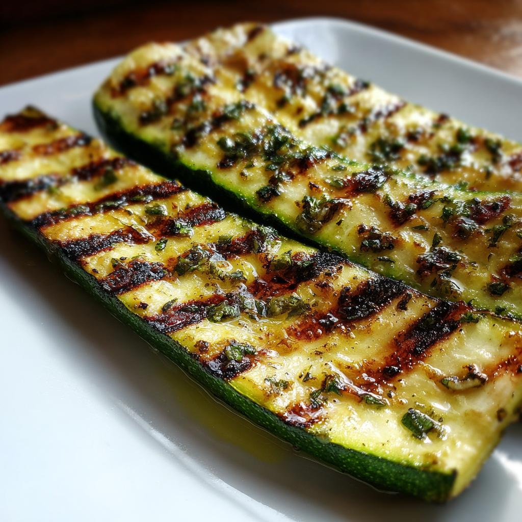 Two halves of grilled zucchini, seasoned with herbs and glistening with oil, showcasing beautiful grill marks.