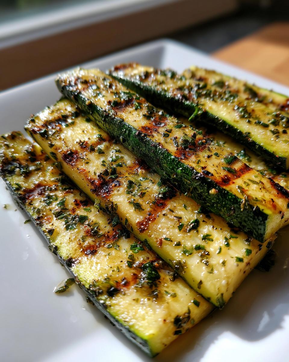 Close-up of grilled zucchini slices seasoned with herbs, showcasing grill marks.