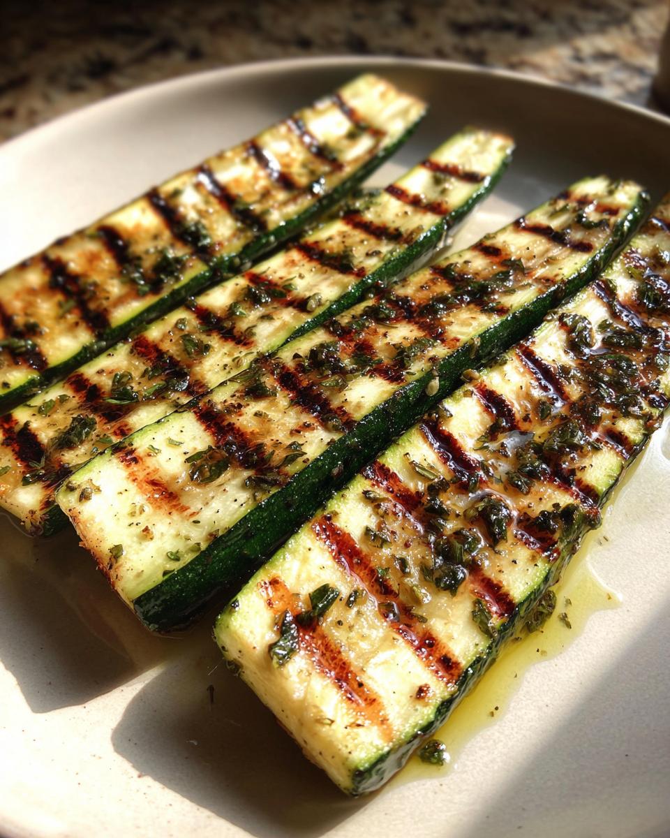 Close-up of grilled zucchini slices on a plate, seasoned with herbs and drizzled with oil, showcasing perfect grill marks.