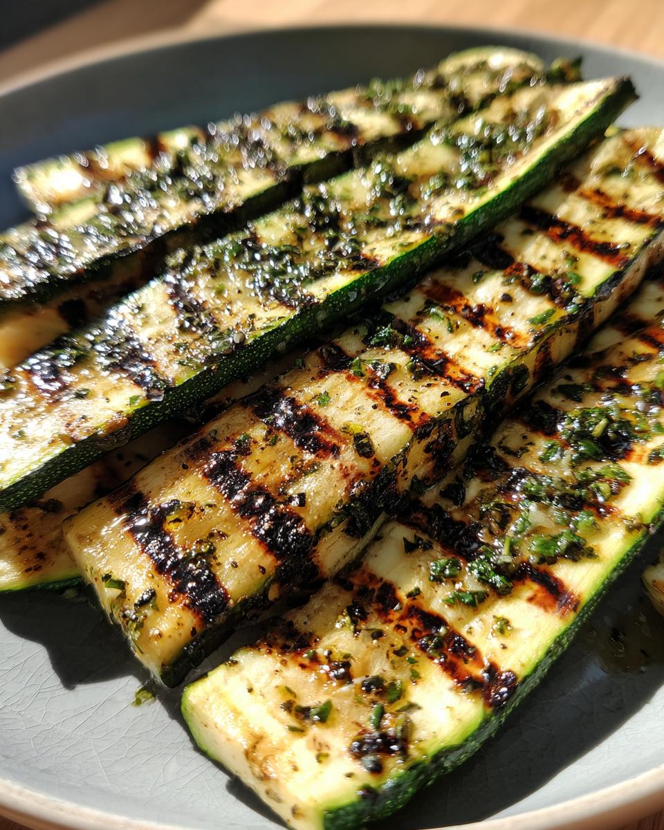 Close-up of grilled zucchini slices seasoned with herbs, showcasing grill marks.