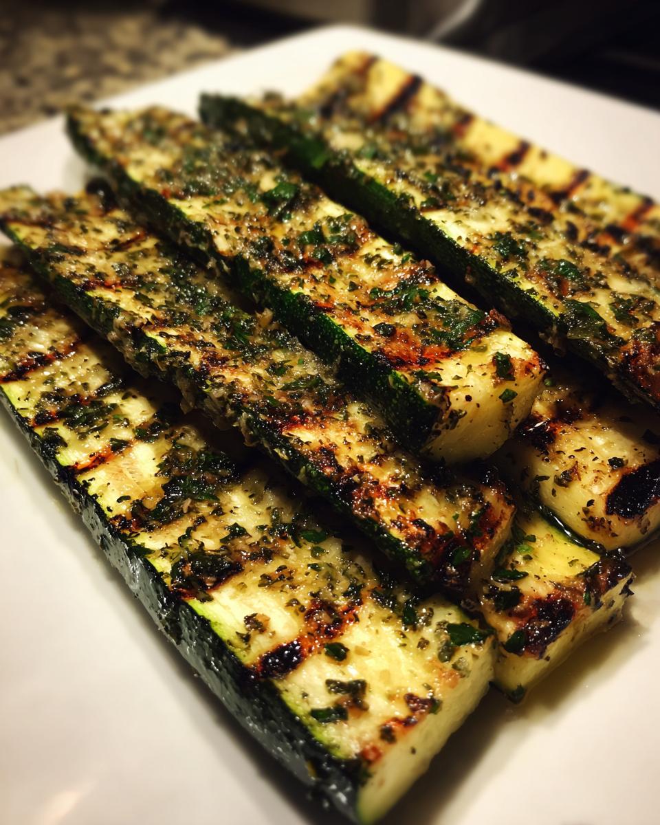 Close-up of grilled zucchini slices seasoned with herbs, showcasing grill marks.