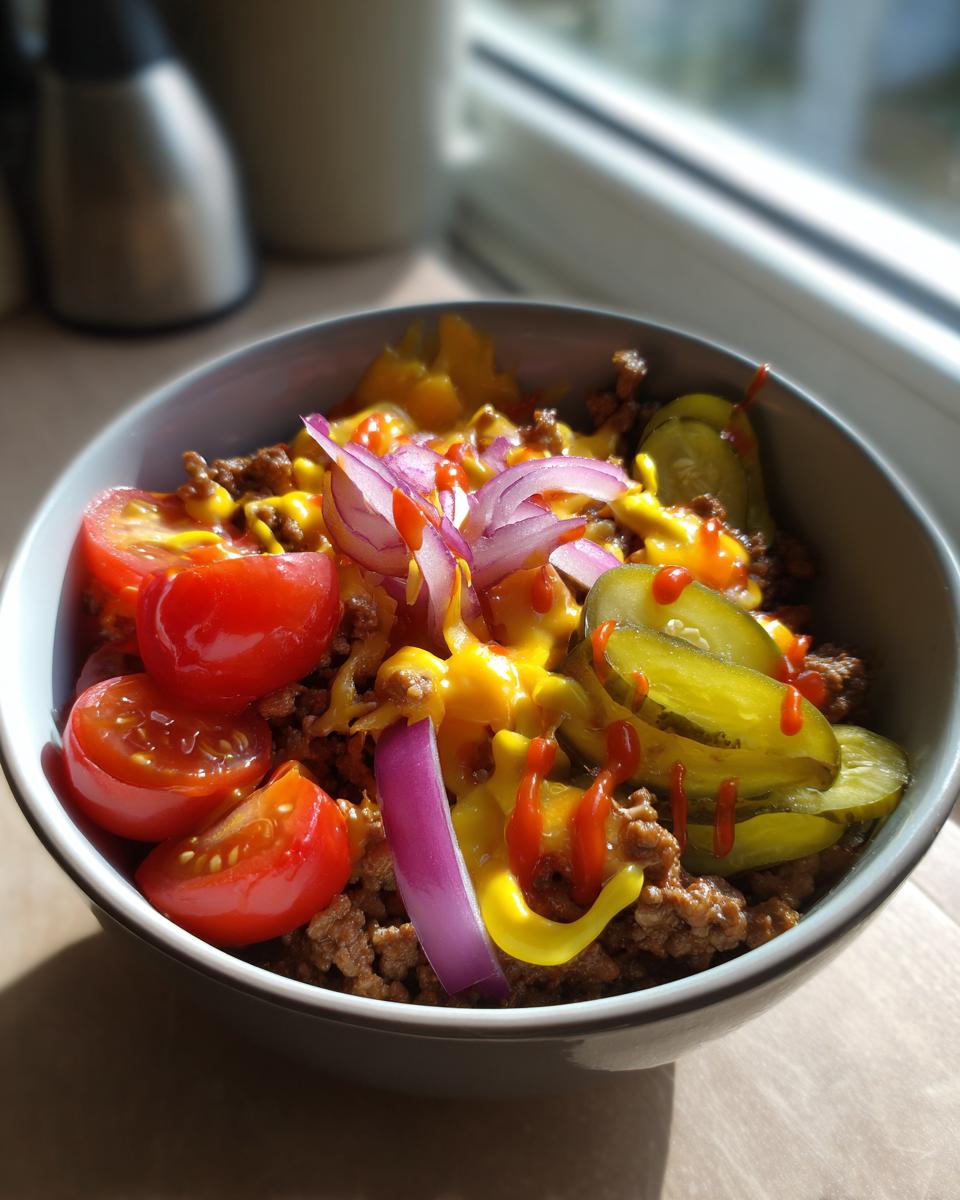 A delicious High-Protein Cheeseburger Bowl filled with seasoned ground beef, melted cheese, tomatoes, red onion, and pickles.