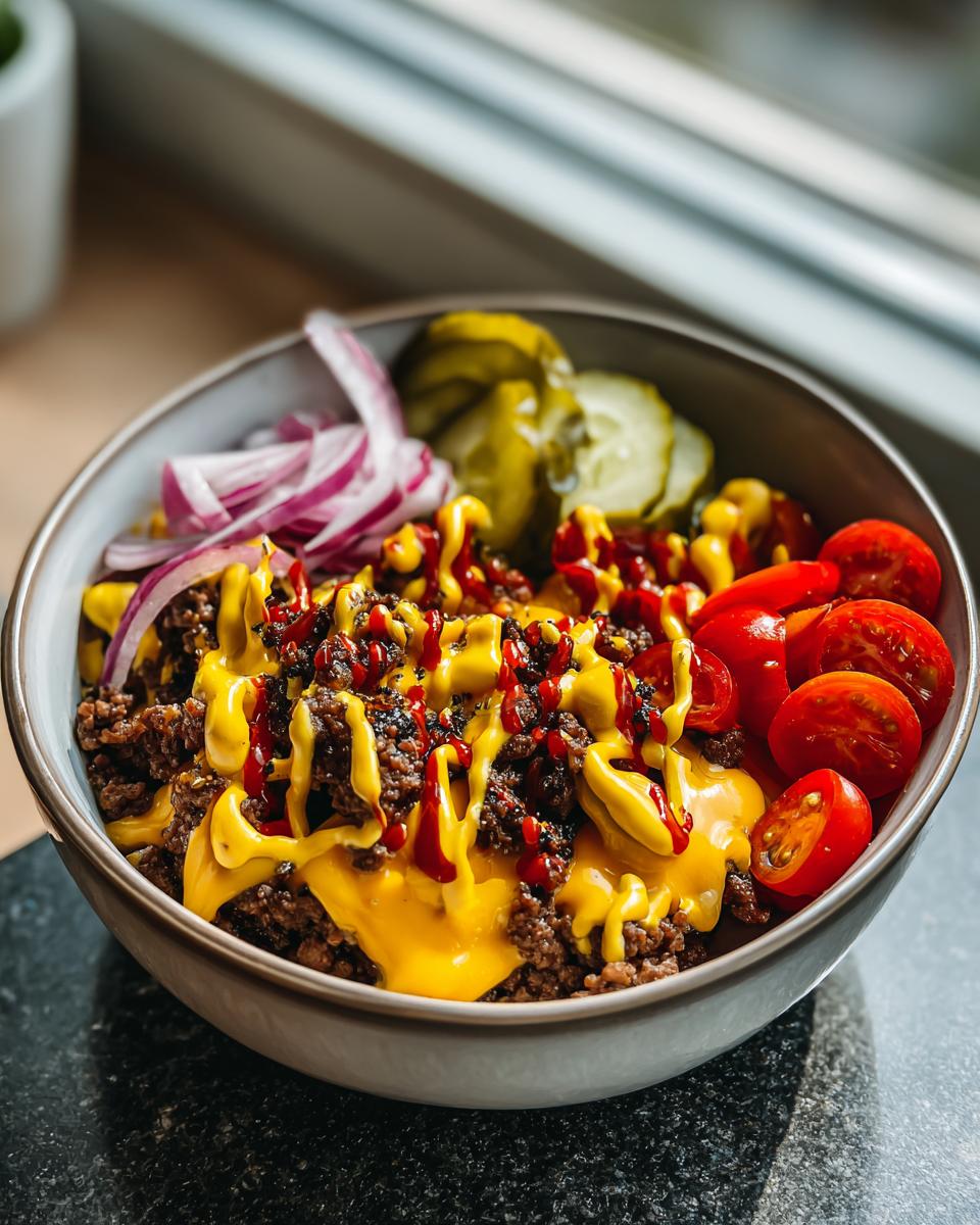 A delicious High-Protein Cheeseburger Bowl filled with seasoned ground beef, melted cheese, pickles, tomatoes, and red onion, drizzled with mustard and ketchup.